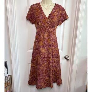 Wind River Batik Midi Dress Womens Medium Rayon Boho V-Neck Tie Back Terracotta